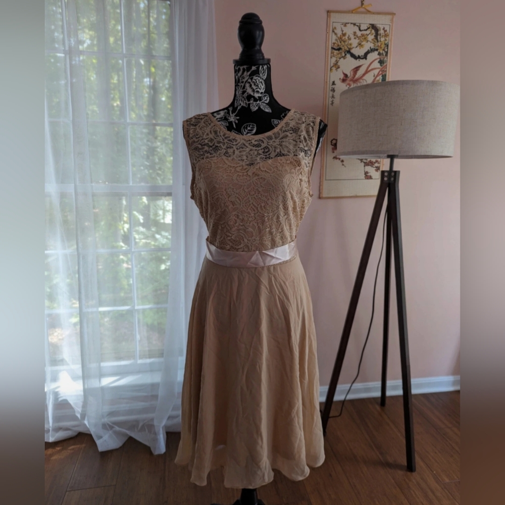 Women's Champagne Short Floral Lace A-line Swing Party Dress Size XL NWOT